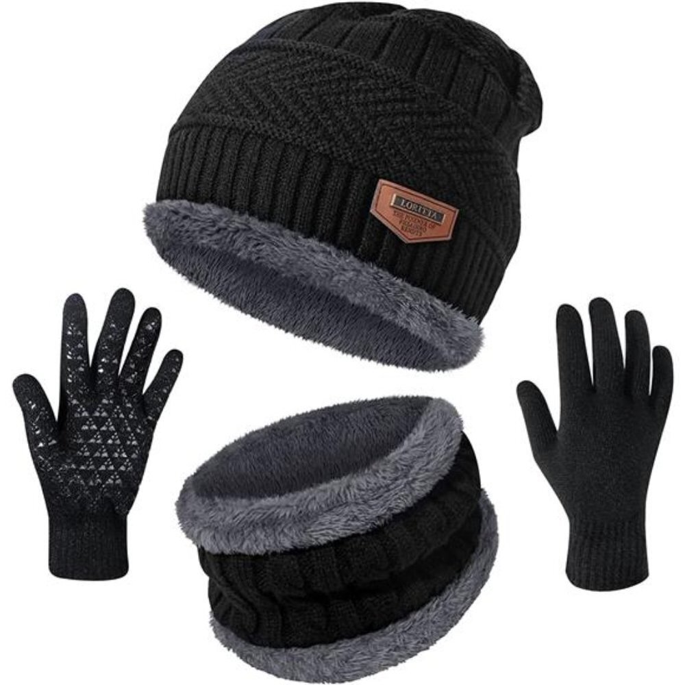 Mens Thick Warm Beanie Hat Scarf Gloves Set